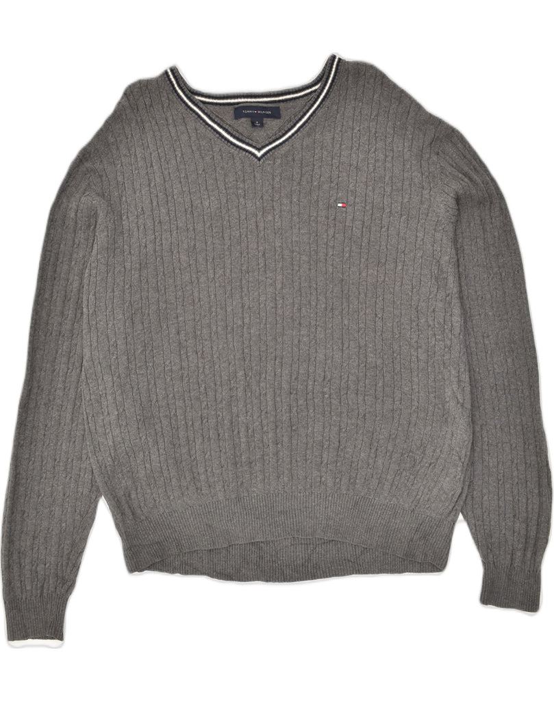 TOMMY HILFIGER Mens V-Neck Jumper Sweater Medium Grey Cotton | Vintage Tommy Hilfiger | Thrift | Second-Hand Tommy Hilfiger | Used Clothing | Messina Hembry 