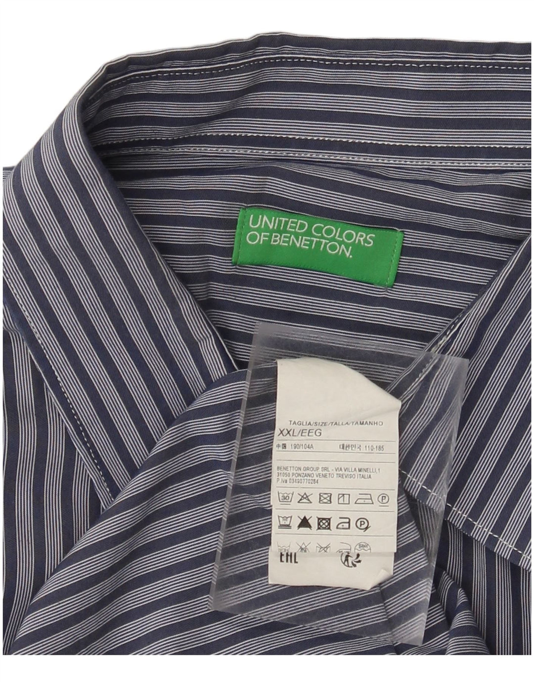Benetton Mens Shirt 2XL Navy Blue Pinstripe Cotton