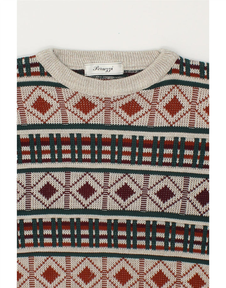 PERUZZI Mens Crew Neck Jumper Sweater Medium Grey Geometric Acrylic Vintage Peruzzi and Second-Hand Peruzzi from Messina Hembry 