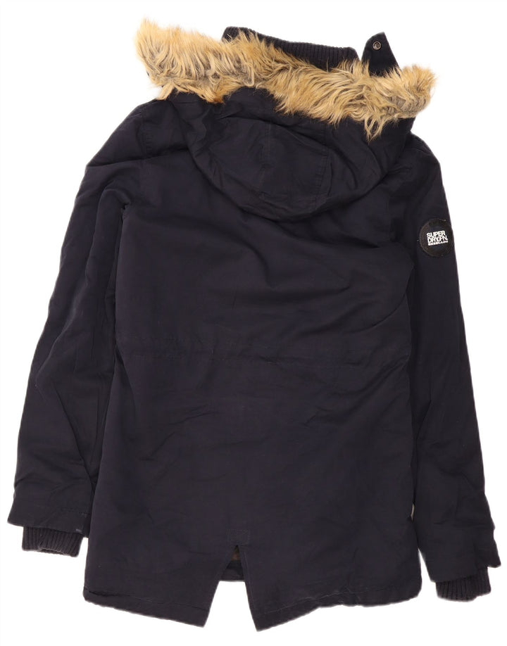 Superdry Womens Hooded Sherpa Parka Jacket UK 14 Medium Navy Blue Polyester