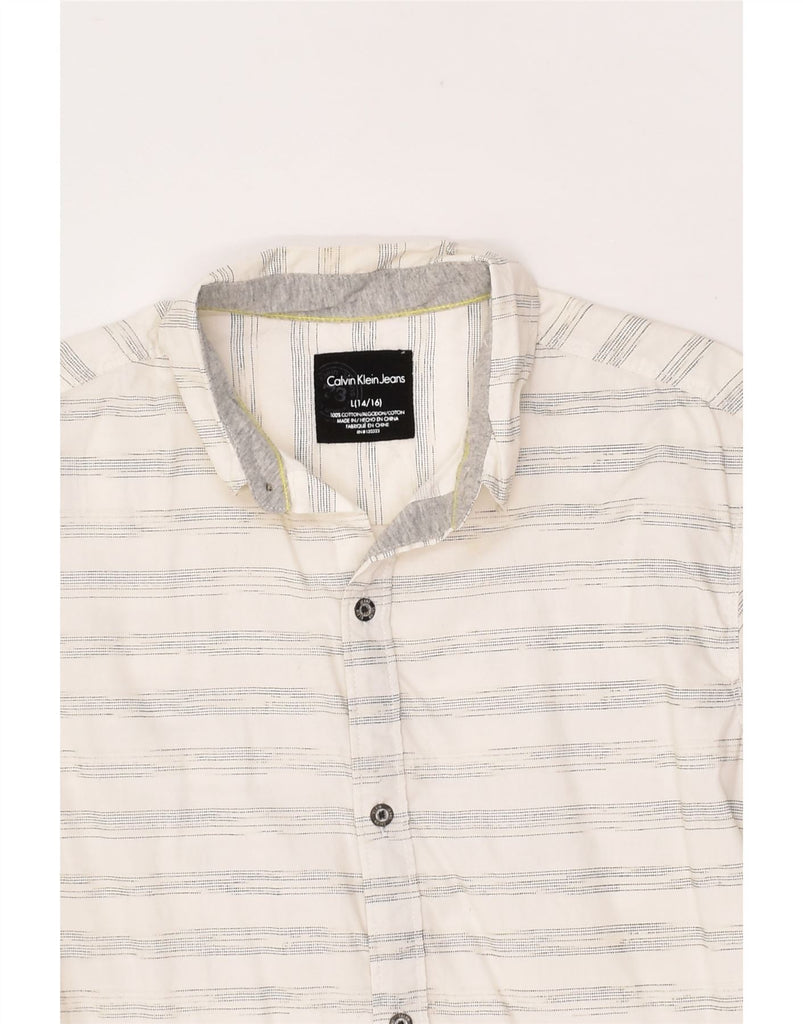 CALVIN KLEIN Boys Short Sleeve Shirt 14-15 Years Large Grey Striped Cotton | Vintage Calvin Klein | Thrift | Second-Hand Calvin Klein | Used Clothing | Messina Hembry 