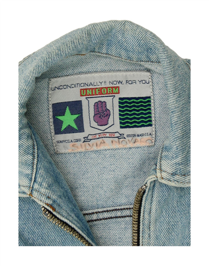 UNIFORM Womens Denim Jacket UK 14 Medium Blue Patchwork Vintage Uniform and Second-Hand Uniform from Messina Hembry 