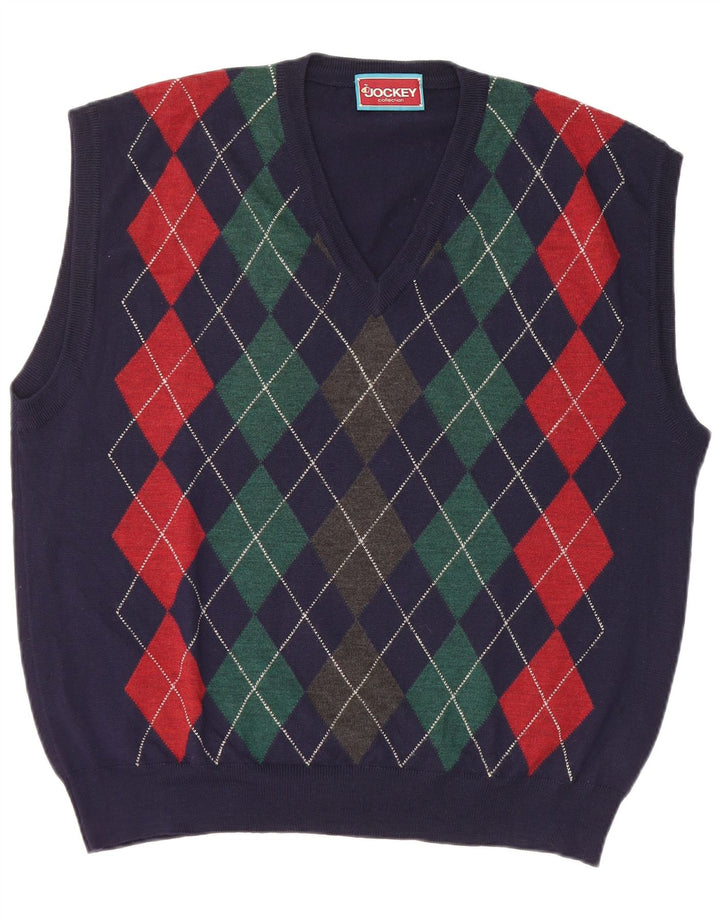 Jockey Mens V-Neck Jumper Sweater Large Navy Blue Argyle/Diamond