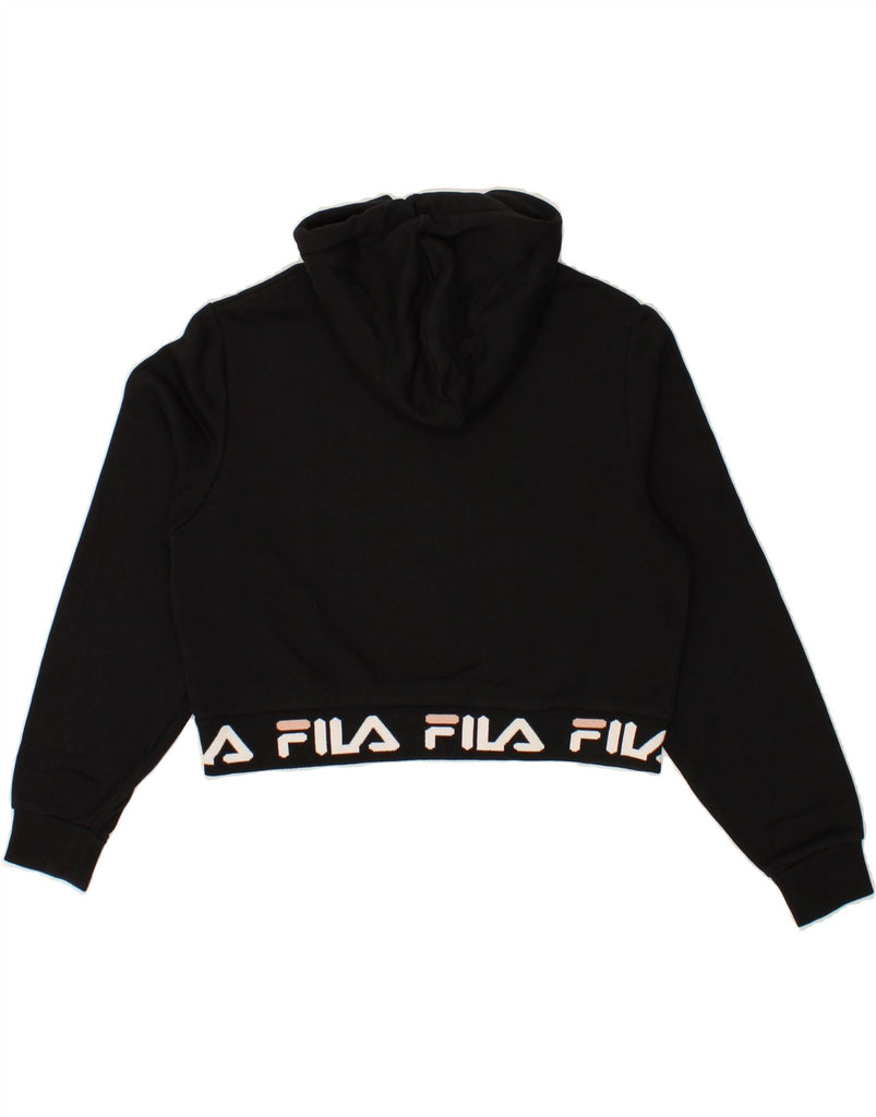 FILA Womens Graphic Crop Hoodie Jumper UK 12 Medium Black Cotton | Vintage Fila | Thrift | Second-Hand Fila | Used Clothing | Messina Hembry 