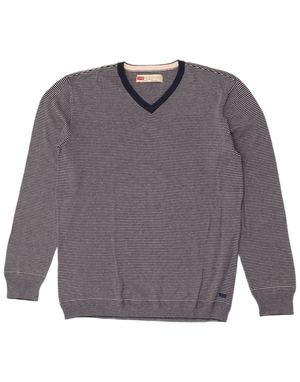 Levi's Mens Slim Fit V-Neck Jumper Sweater XL Navy Blue Striped