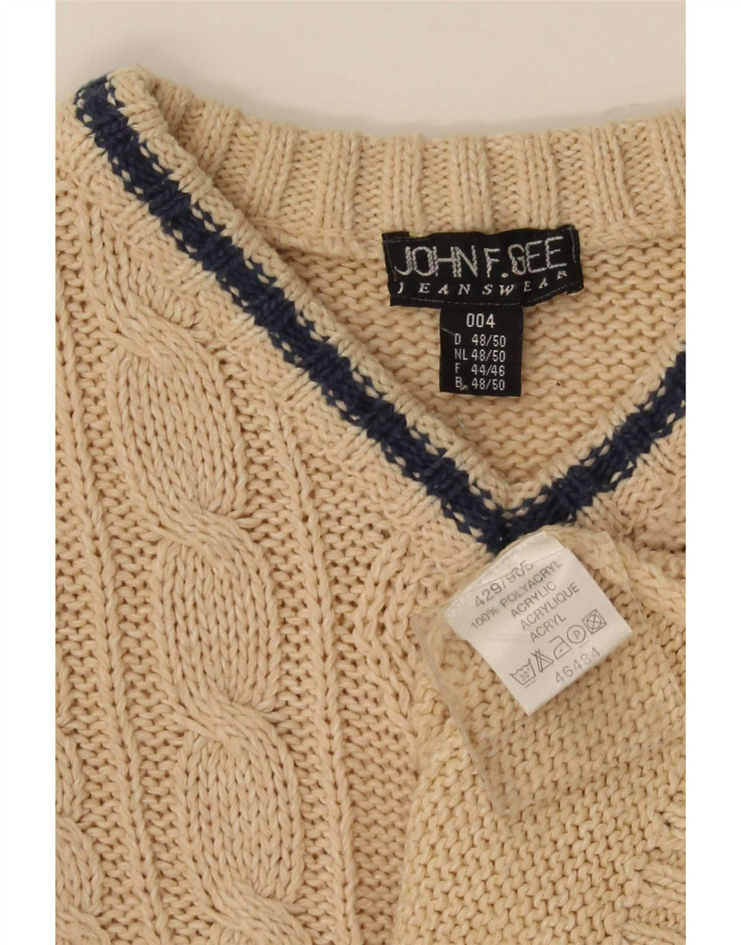 John F Gee Mens V-Neck Jumper Sweater IT 48/50 Medium Beige Polyacrylic
