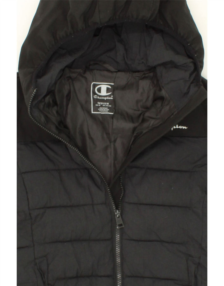CHAMPION Boys Hooded Padded Jacket 9-10 Years Medium Black Polyamide Vintage Champion and Second-Hand Champion from Messina Hembry 