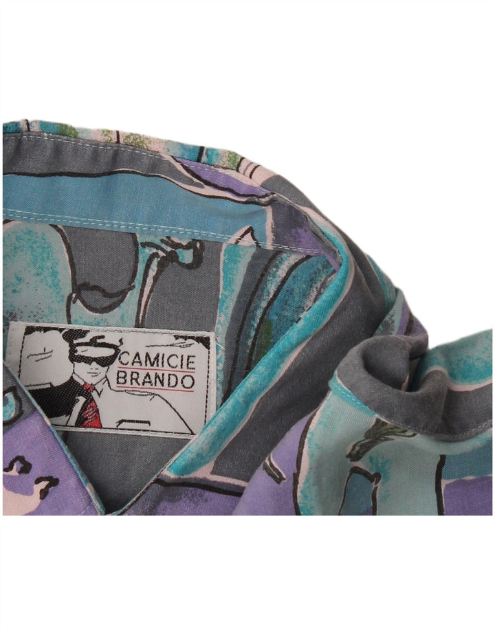 Vintage Mens Abstract Pattern Short Sleeve Shirt XL Turquoise