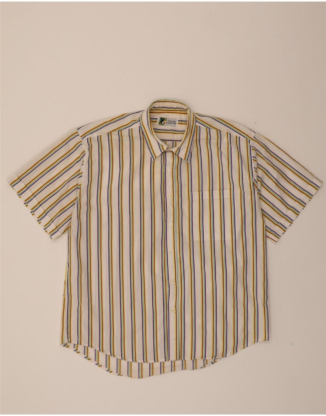 TOUCAN COUNTRY Mens Short Sleeve Shirt XL White Striped Polyester Vintage Toucan Country and Second-Hand Toucan Country from Messina Hembry 