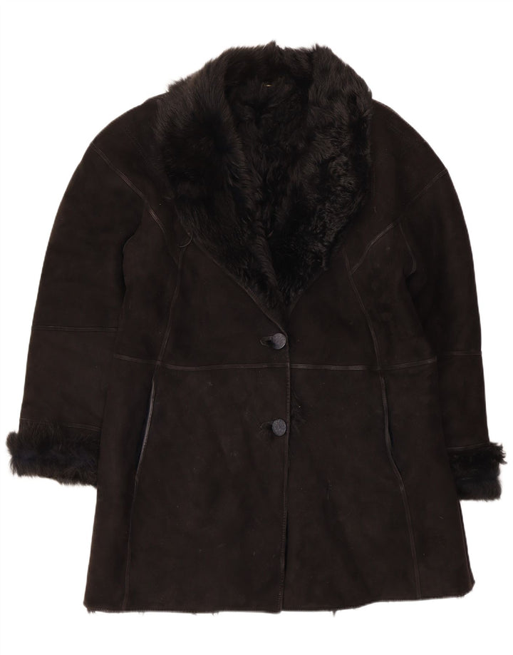 Muflone Womens Shearling Coat IT 48 XL Black Leather