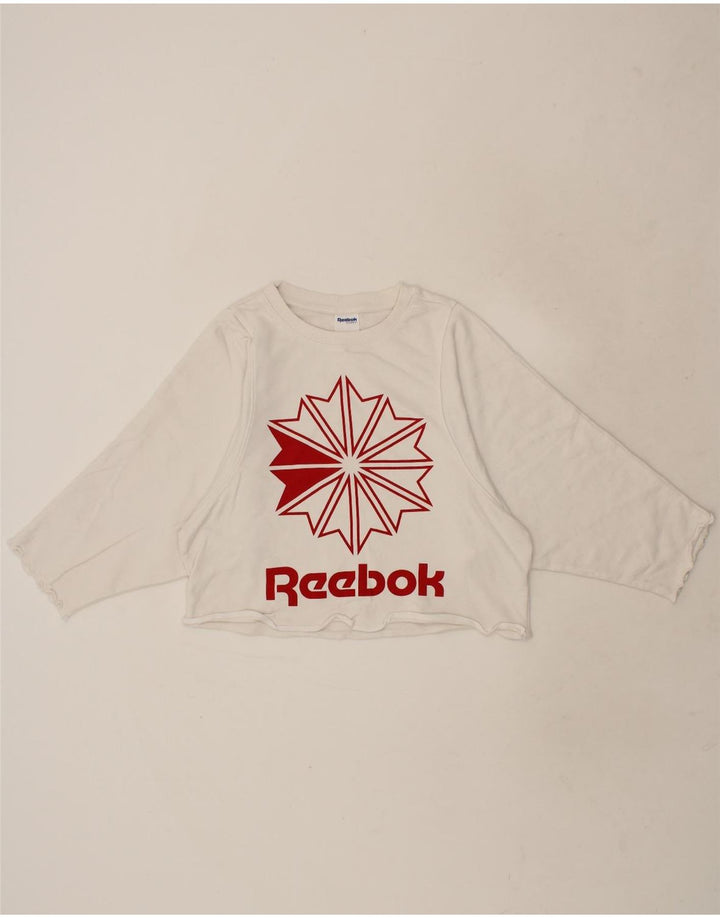 REEBOK Womens Oversized Crop Graphic Top Long Sleeve UK 6 XS White Vintage Reebok and Second-Hand Reebok from Messina Hembry 