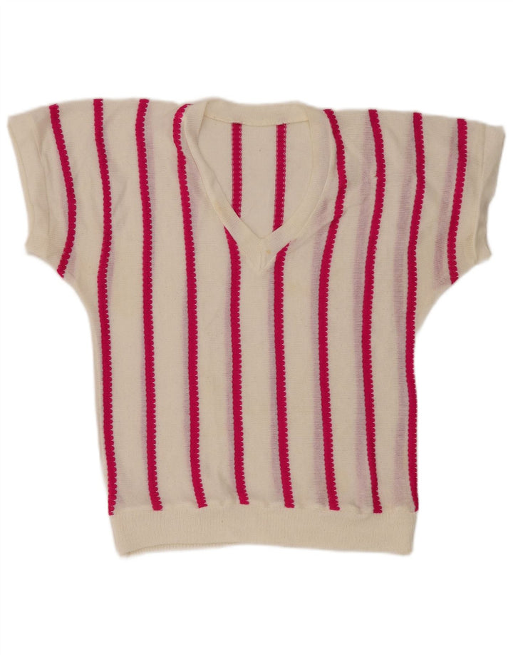 Vintage Womens V-Neck Jumper Sweater UK 12 Medium Off White Striped
