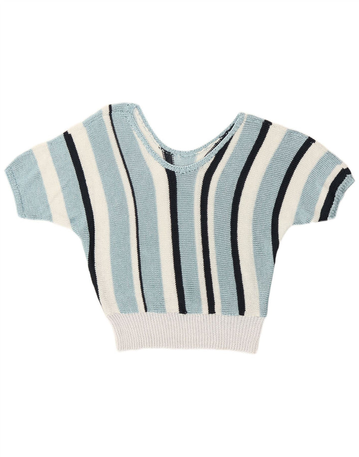 Vintage Womens V-Neck Jumper Sweater UK 12 Medium Blue Striped Retro