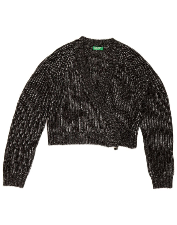 Benetton Girls Wrap Crop Cardigan Sweater 10-11 Years Grey Flecked
