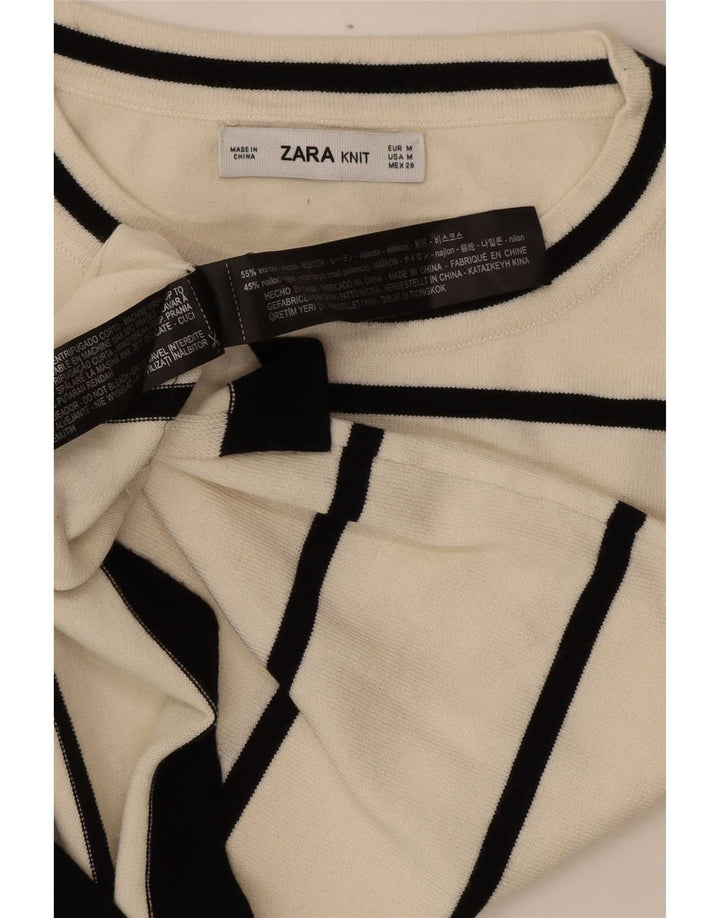 Zara Womens T-Shirt Top UK 12 Medium White Striped Viscose