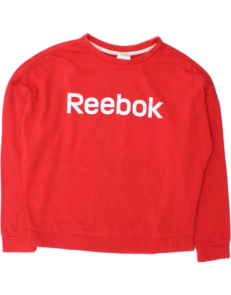 REEBOK Womens Crop Graphic Oversized Sweatshirt Jumper UK 12/14 Medium Red Vintage Reebok and Second-Hand Reebok from Messina Hembry 
