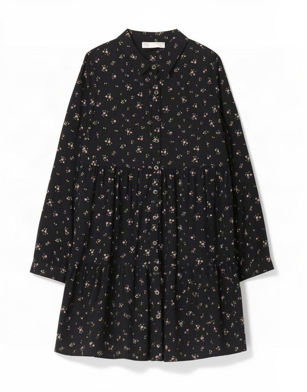 Marks & Spencer Girls Long Sleeve Shirt Dress 13-14 Years Black Floral