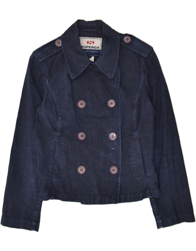 SUPERGA Womens Double Breasted Denim Jacket IT 40 Small Navy Blue Linen | Vintage Superga | Thrift | Second-Hand Superga | Used Clothing | Messina Hembry 
