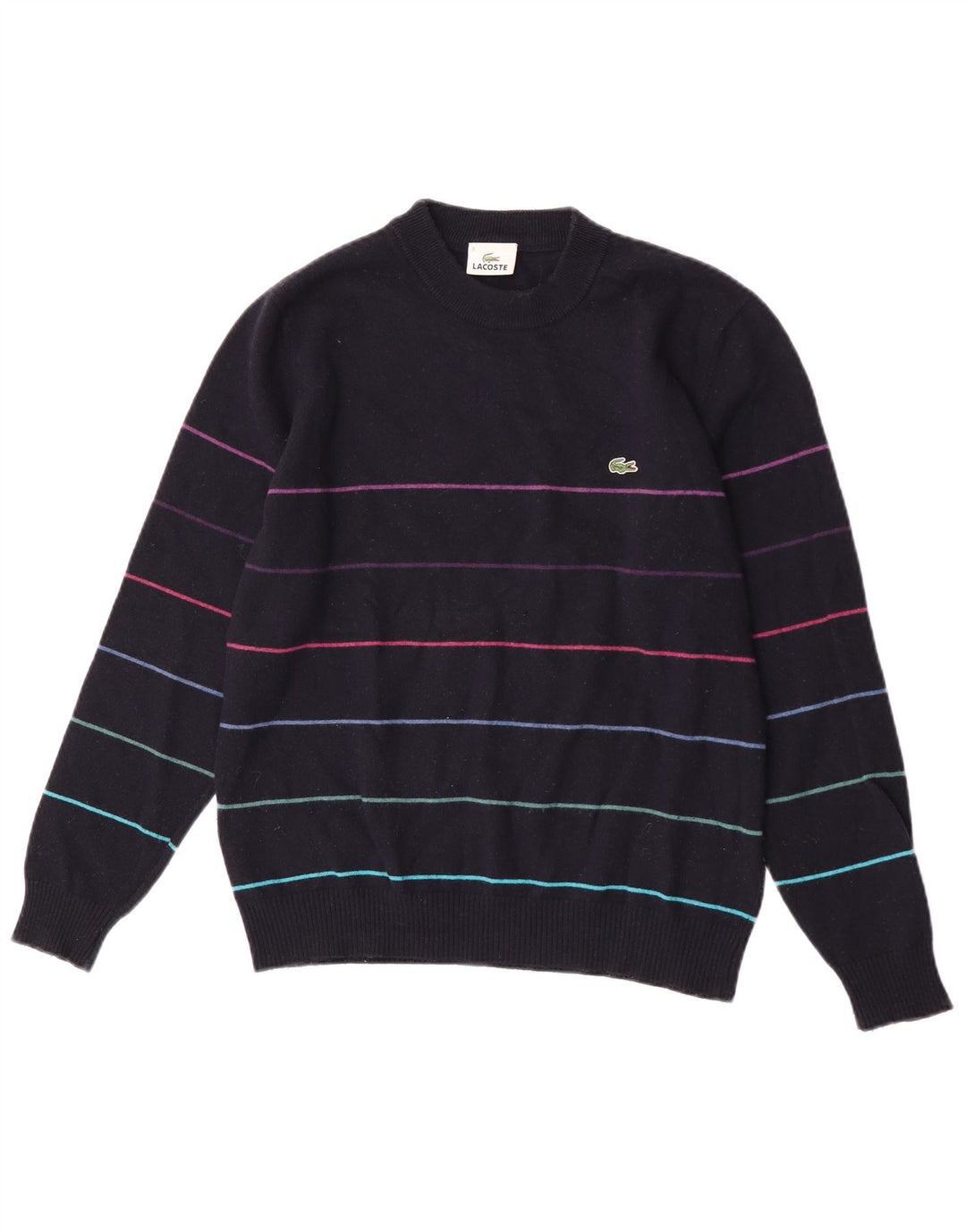 Lacoste Mens Crew Neck Jumper Sweater Size 3 Small Navy Blue Striped