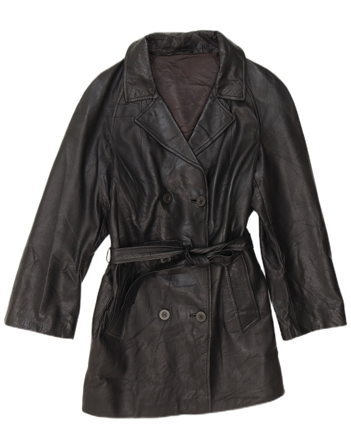 Vintage Womens Double Breasted Leather Coat UK 14 Medium Black