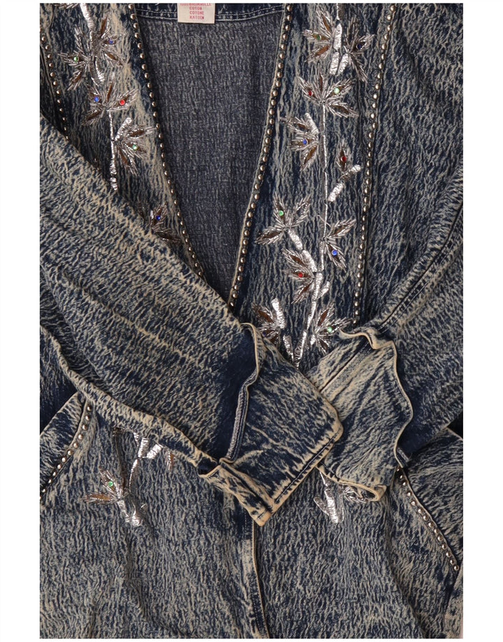 JAZZINO Womens 3/4 Sleeve Oversized Denim Jacket UK 18 XL Blue Floral