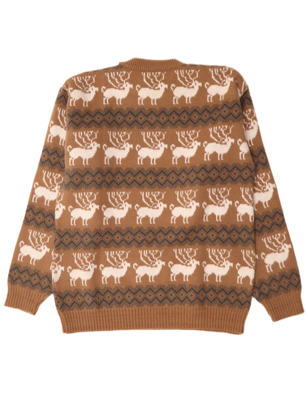 Vintage Mens Crew Neck Jumper Sweater Large Brown Fair Isle