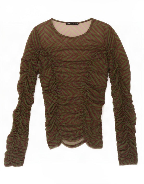 Zara Womens Top Long Sleeve UK 8 Small Green Geometric