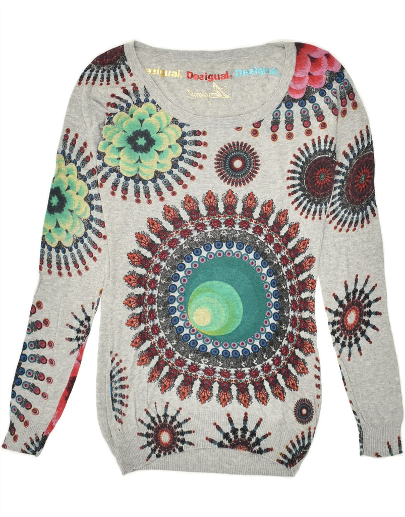 DESIGUAL Womens Graphic Boat Neck Jumper Sweater UK 10 Small Grey | Vintage Desigual | Thrift | Second-Hand Desigual | Used Clothing | Messina Hembry 