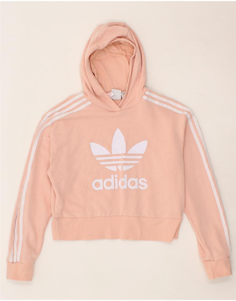 ADIDAS Girls Graphic Crop Hoodie Jumper 12-13 Years Pink Cotton Vintage Adidas and Second-Hand Adidas from Messina Hembry 