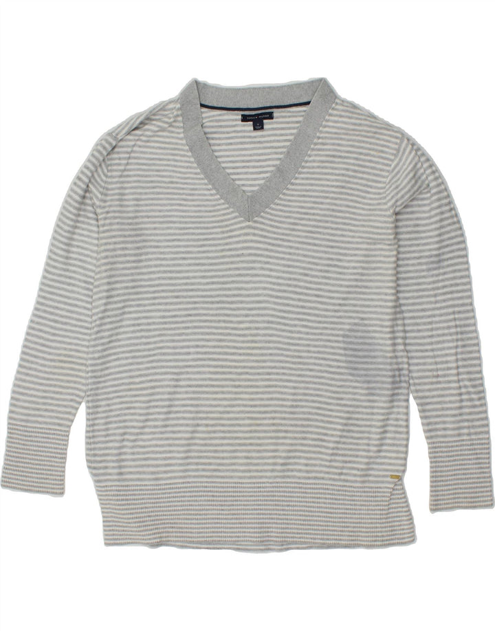 TOMMY HILFIGER Womens V-Neck Jumper Sweater UK 14 Medium Grey Striped Vintage Tommy Hilfiger and Second-Hand Tommy Hilfiger from Messina Hembry 