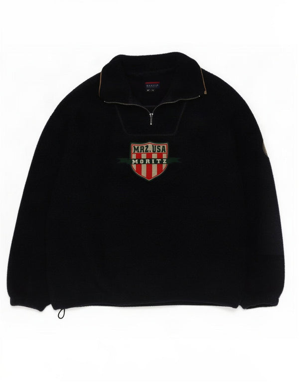 Vintage Mens Graphic Zip Neck Fleece Jumper Large Navy Blue