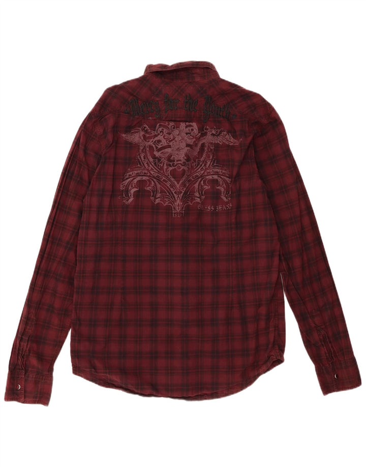 Guess Mens Graphic Flannel Shirt Large Burgundy Check Cotton