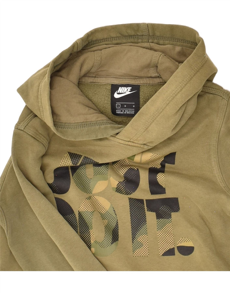 NIKE Boys Graphic Hoodie Jumper 11-12 Years Large Khaki Cotton Vintage Nike and Second-Hand Nike from Messina Hembry 