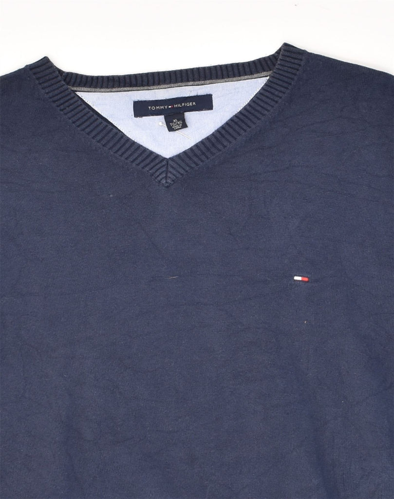 TOMMY HILFIGER Mens V-Neck Jumper Sweater XL Navy Blue Cotton | Vintage Tommy Hilfiger | Thrift | Second-Hand Tommy Hilfiger | Used Clothing | Messina Hembry 