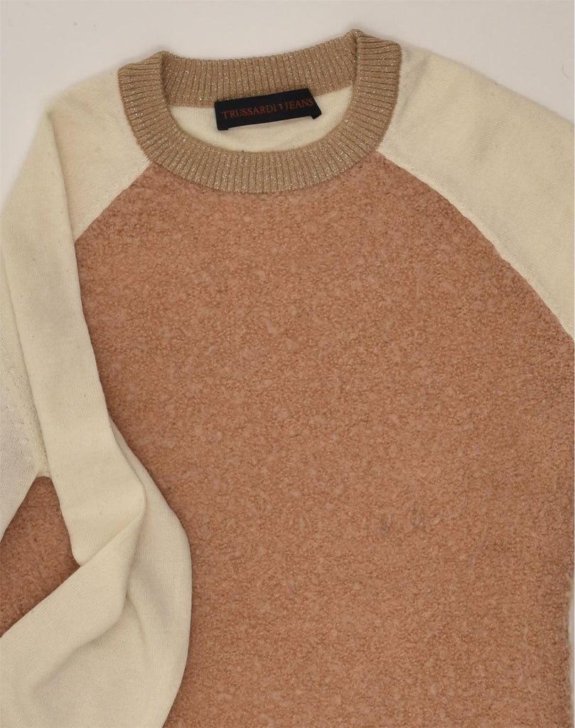 TRUSSARDI Womens Crew Neck Jumper Sweater UK 8 Small Brown Colourblock | Vintage Trussardi | Thrift | Second-Hand Trussardi | Used Clothing | Messina Hembry 