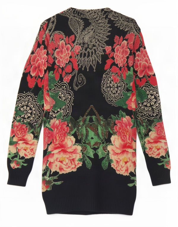 Desigual Womens Longline V-Neck Jumper Sweater UK 12 Medium Black Floral