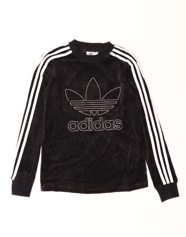 Adidas Womens Velour Graphic Top Long Sleeve UK 4 XS Black Cotton