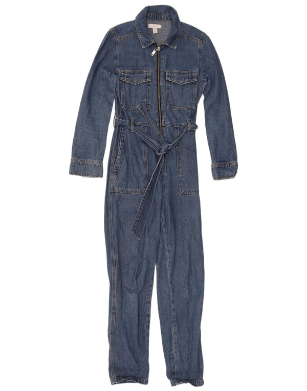Topshop Womens Long Sleeve Denim Jumpsuit UK 6 Small Blue Cotton