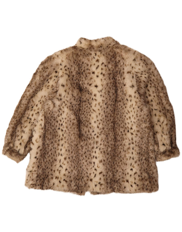 Vintage Womens Open Faux Fur Jacket UK 18 XL Beige Animal Print
