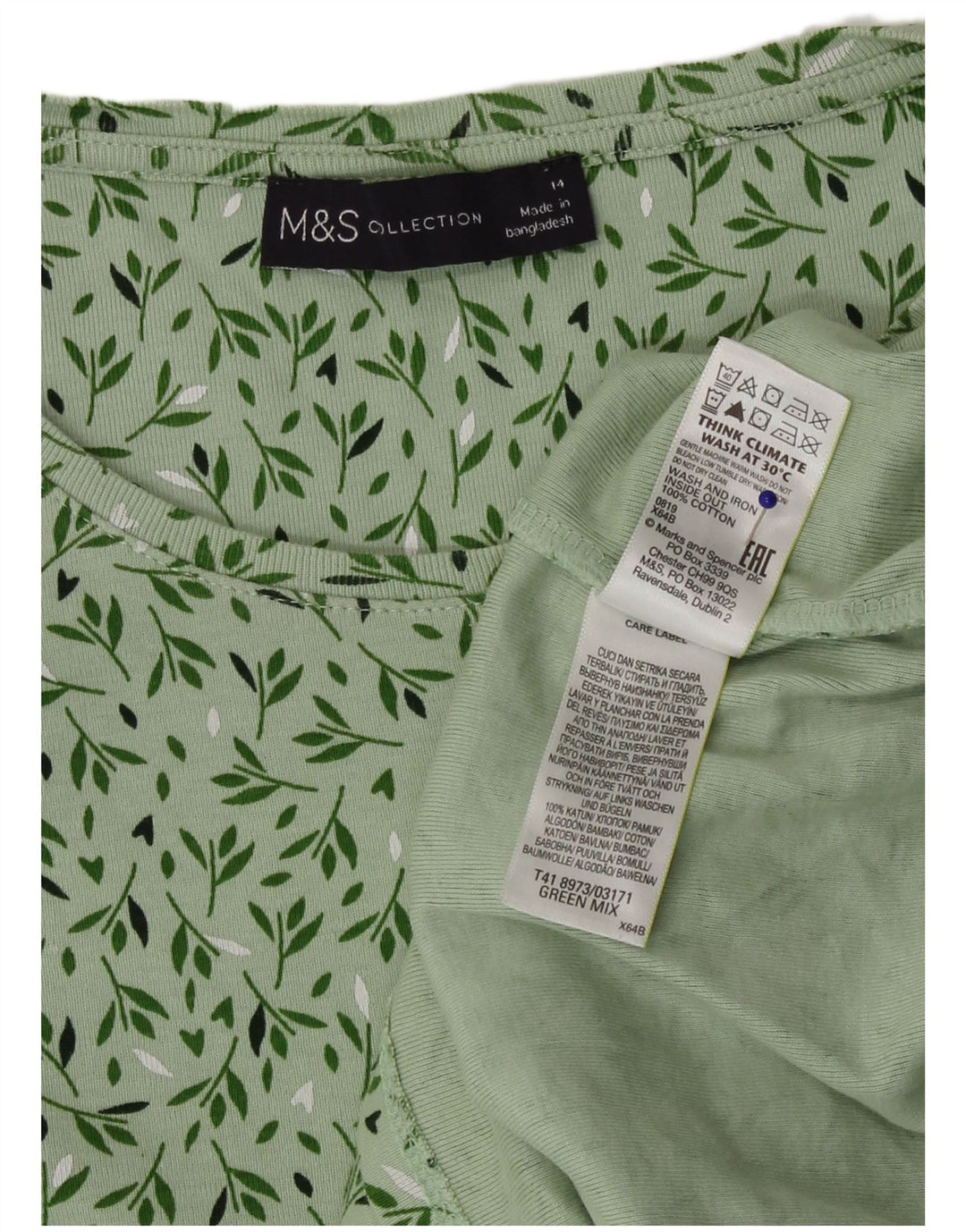 Marks & Spencer Womens Top Long Sleeve UK 14 Medium Green Floral Cotton