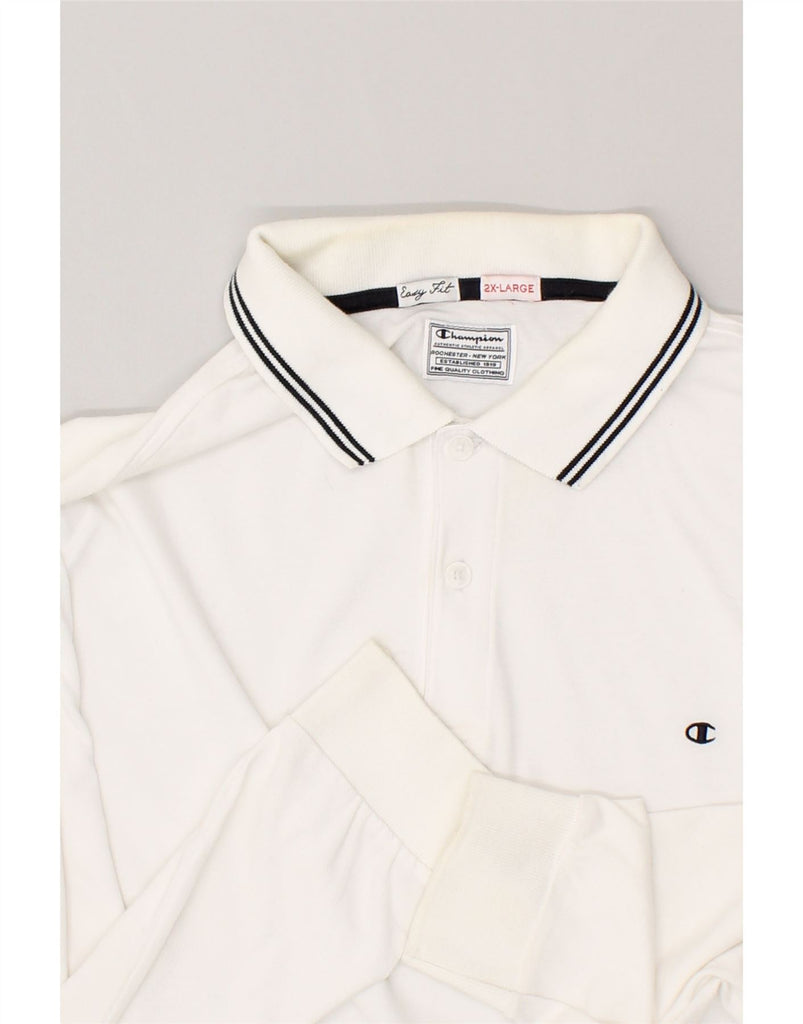 CHAMPION Mens Easy Fit Long Sleeve Polo Shirt 2XL White Cotton | Vintage Champion | Thrift | Second-Hand Champion | Used Clothing | Messina Hembry 