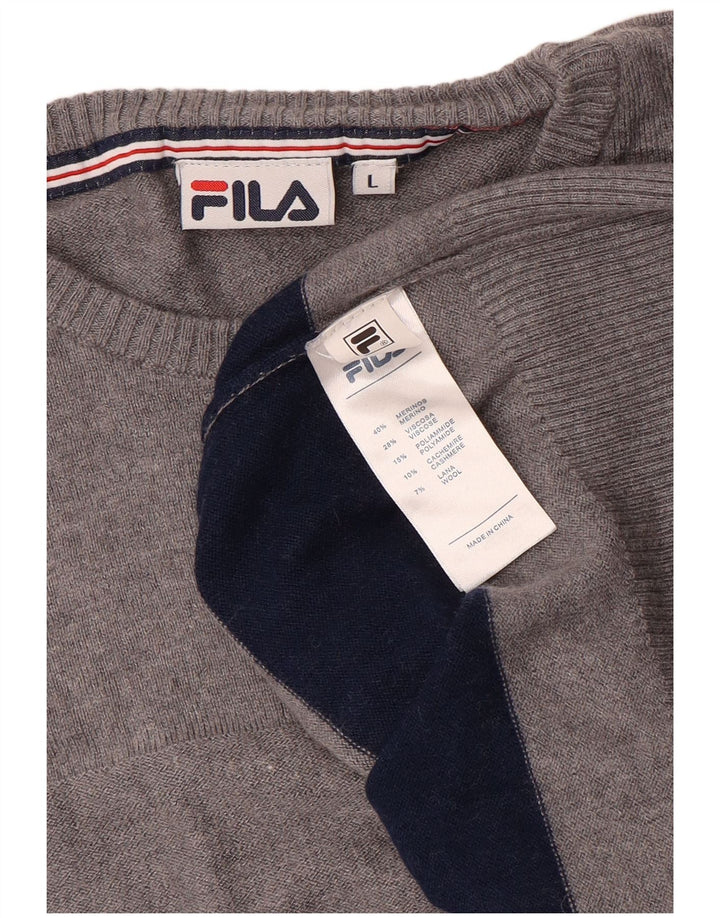 Fila Womens Crew Neck Jumper Sweater UK 16 Large Grey Striped Wool