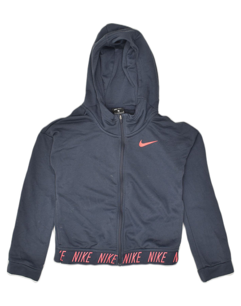 NIKE Girls Dri Fit Graphic Zip Hoodie Sweater 10-11 Years Medium Navy Blue | Vintage Nike | Thrift | Second-Hand Nike | Used Clothing | Messina Hembry 