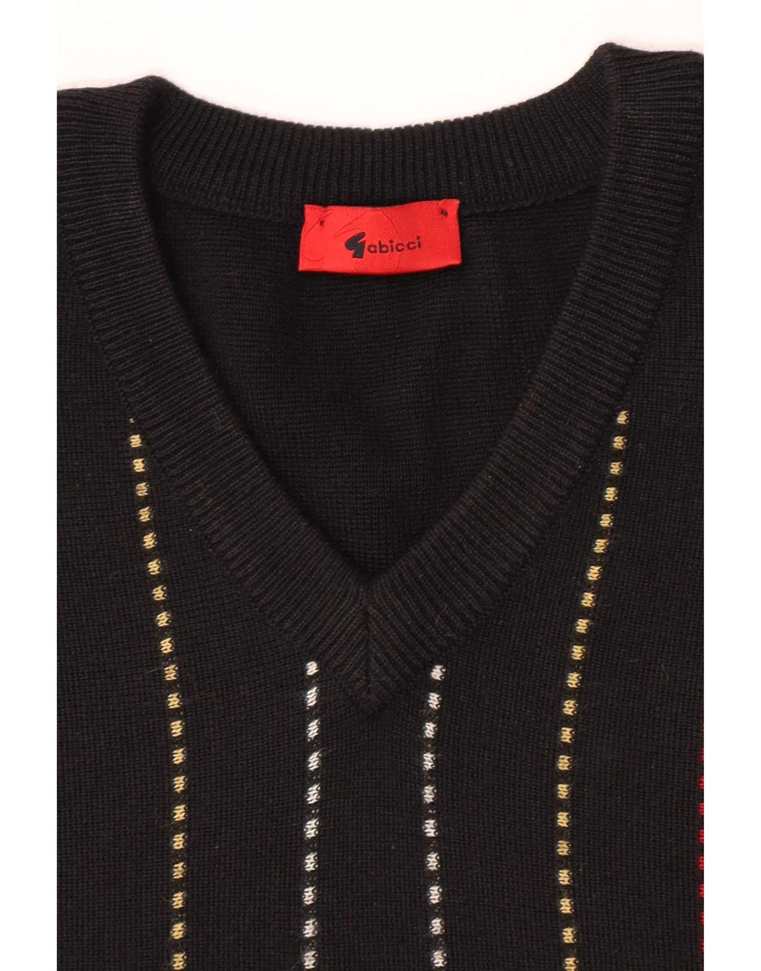 Gabicci Mens V-Neck Jumper Sweater XL Black Striped Wool