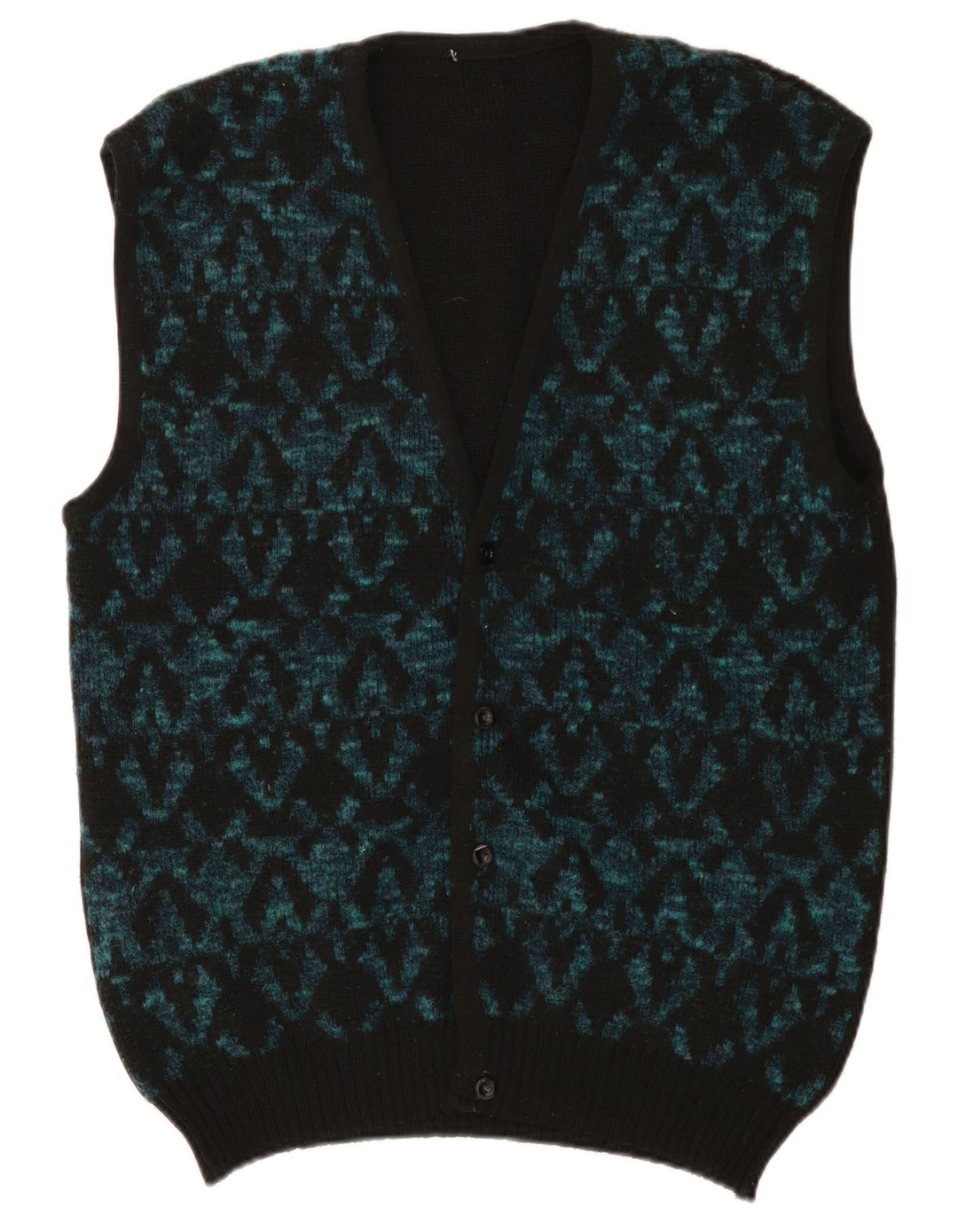 Vintage Mens Sleeveless Cardigan Sweater Medium Black Geometric