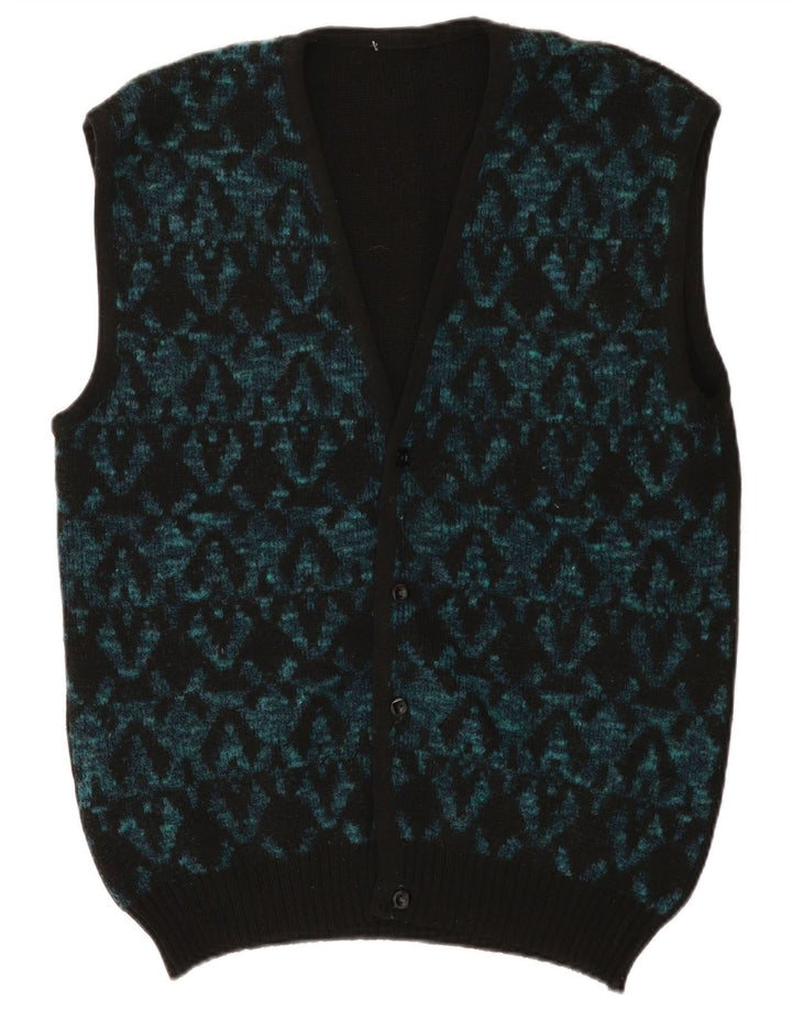 Vintage Mens Sleeveless Cardigan Sweater Medium Black Geometric