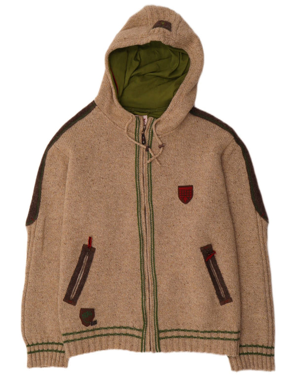 Spieth & Wensky Mens Hooded Cardigan Sweater 3XL Beige Colourblock Wool