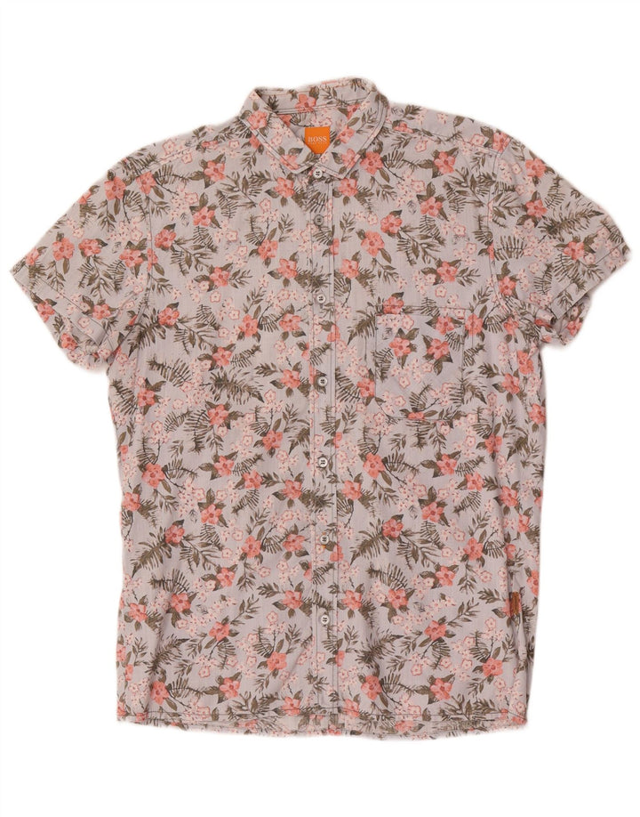 Hugo Boss Mens Short Sleeve Shirt Medium Blue Floral Cotton
