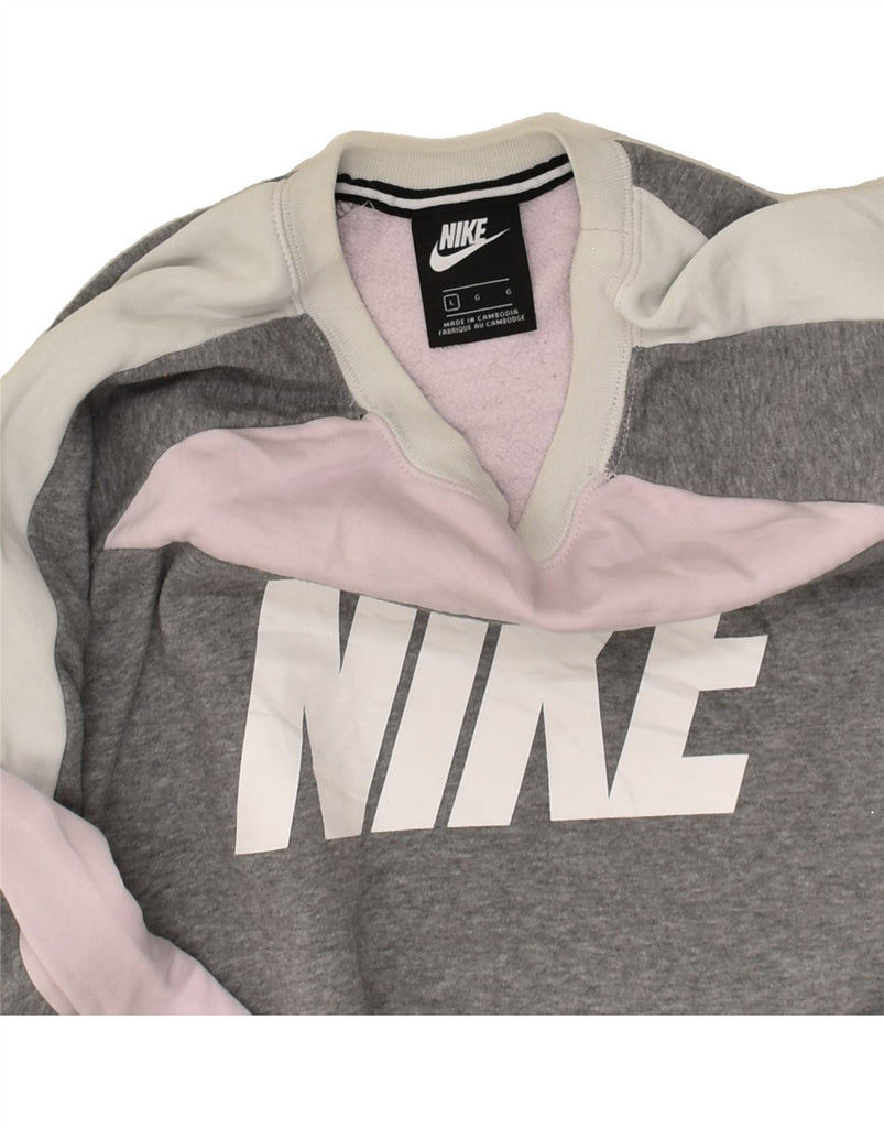 NIKE Womens Graphic Sweatshirt Jumper UK 16 Large Grey Colourblock Cotton | Vintage Nike | Thrift | Second-Hand Nike | Used Clothing | Messina Hembry 