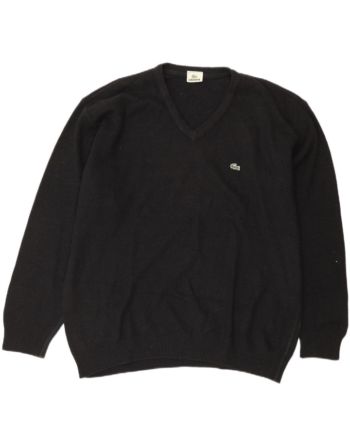 Lacoste Mens V-Neck Jumper Sweater Size 6 XL Black Wool